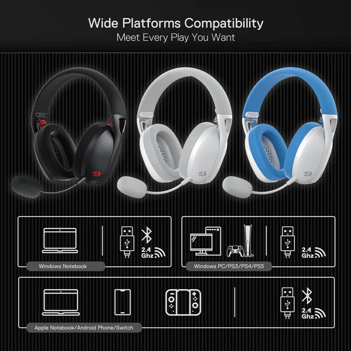 Redragon IRE Pro Ultra-Light 7.1 Surround Sound Wireless Gaming Headset For PC, Mac, PS4, Switch and Phone - White/Blue