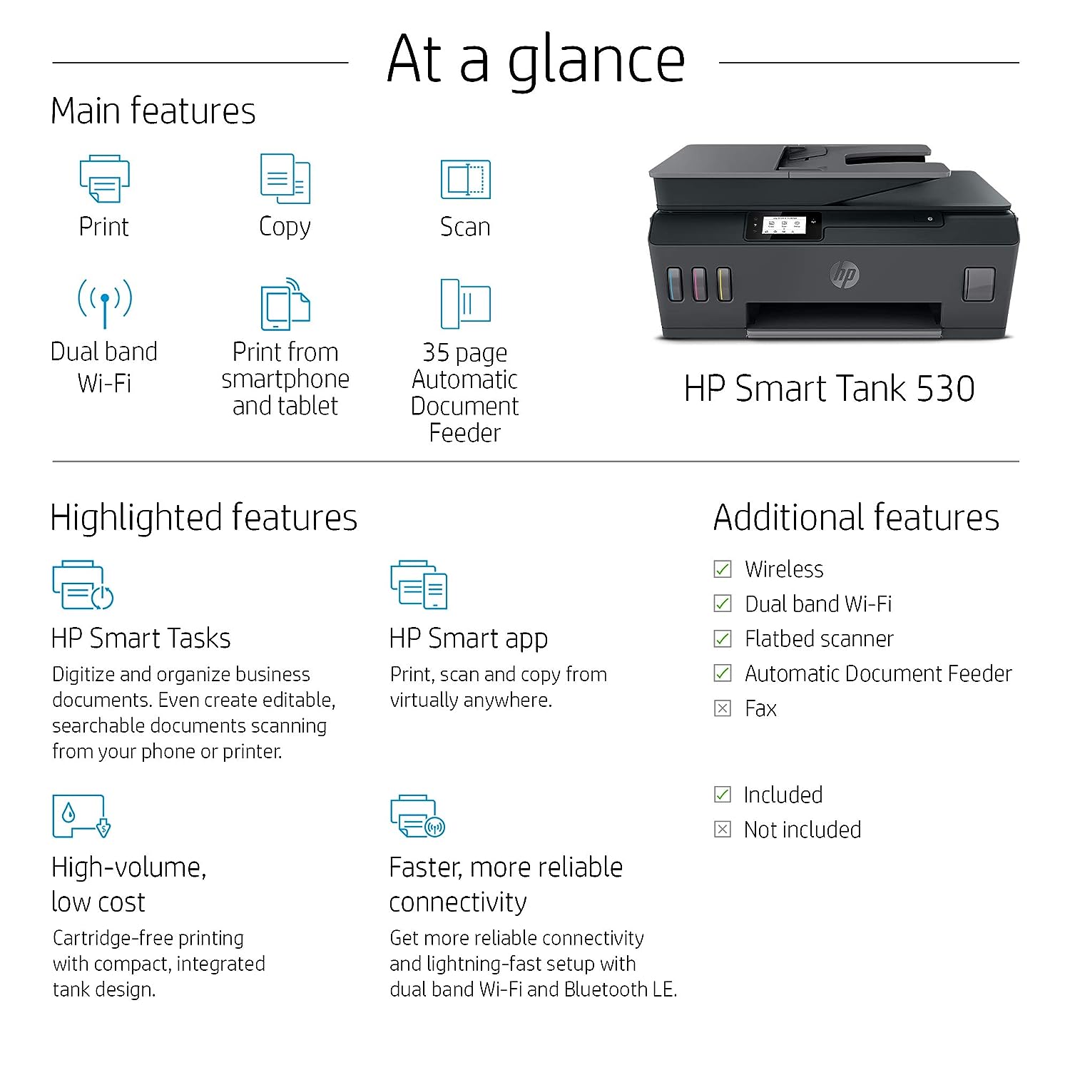 HP Smart Tank 530 Wireless AIO - 11ppm / 4800dpi / A4 / USB / Wi-Fi / Bluetooth / Color Inkjet - Printer