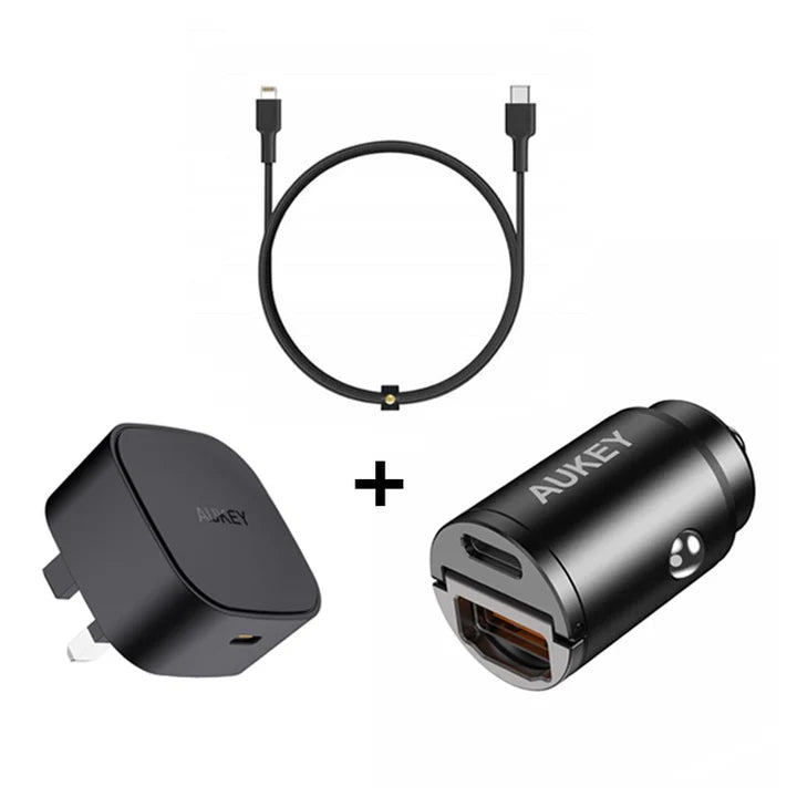 Aukey 20W Compact PD Charger - Black - Type C Output + USB-C - Lightning Cable - 1.2 Mtrs + World Smallest 30W Car Charger