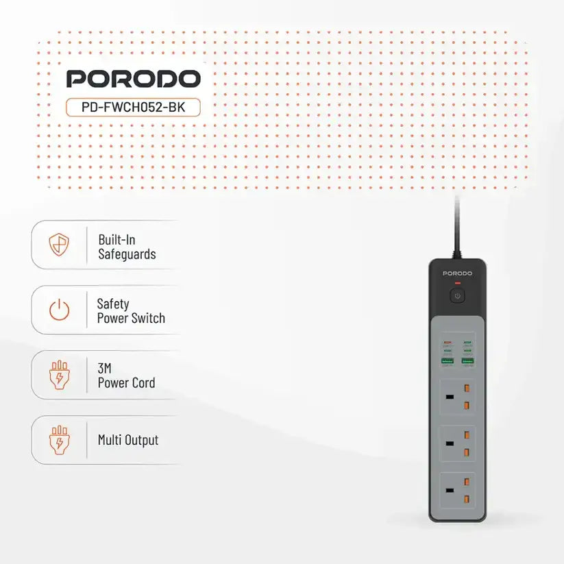 FWCH052- BK | Porodo 3AC | 45W | 300W Power Strip | Black - GulfStore.com