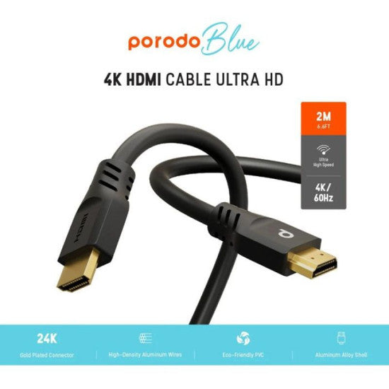 Porodo Blue 4K/60Hz HDMI Cable Ultra HD (2m/6.6ft) , BLack PB-HD4K2M-Bk