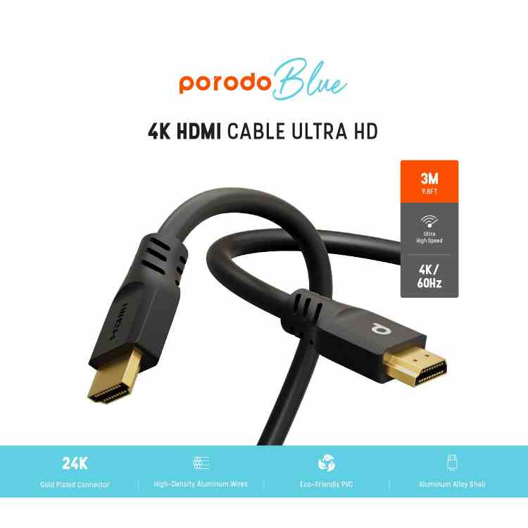 Porodo Blue 4K/60Hz HDMI Cable Ultra HD (3m/9.8ft) PB-HD4K3M-BK - Black