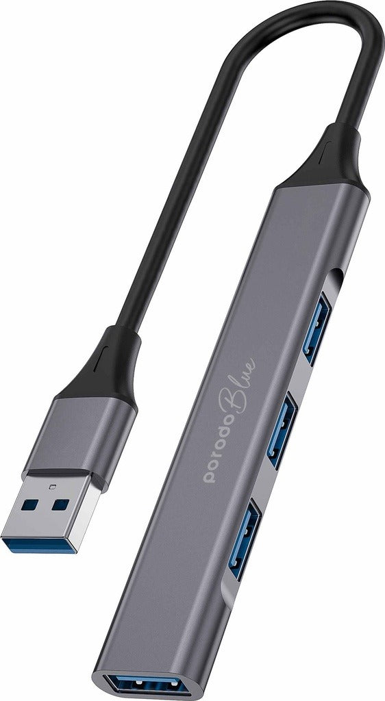 موزع USB-A 4 في 1 من Porodo Blue إلى 1 x USB-A 3.0 5Gbps و3 x USB-A 2.0 480Mbps