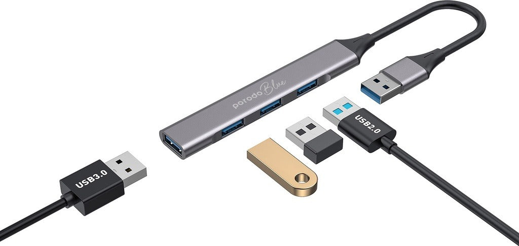 موزع USB-A 4 في 1 من Porodo Blue إلى 1 x USB-A 3.0 5Gbps و3 x USB-A 2.0 480Mbps