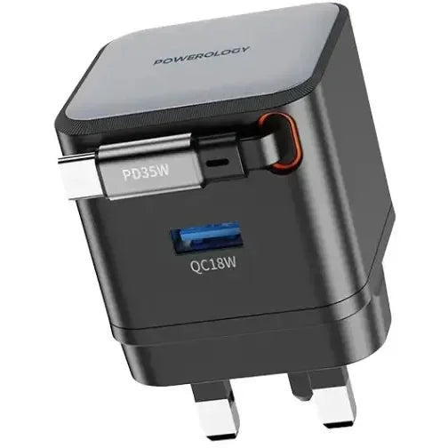 Powerology GAN PD35W Dual-Port Charger with Retractable Cable PWC032 - Black