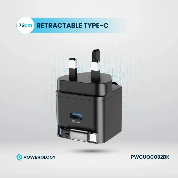 Powerology GAN PD35W Dual-Port Charger with Retractable Cable PWC032 - Black
