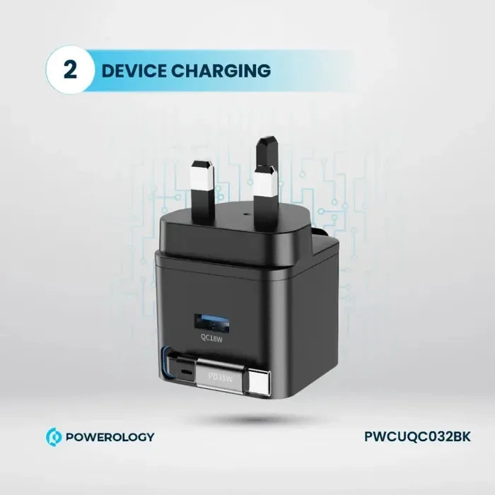 Powerology GAN PD35W Dual-Port Charger with Retractable Cable PWC032 - Black