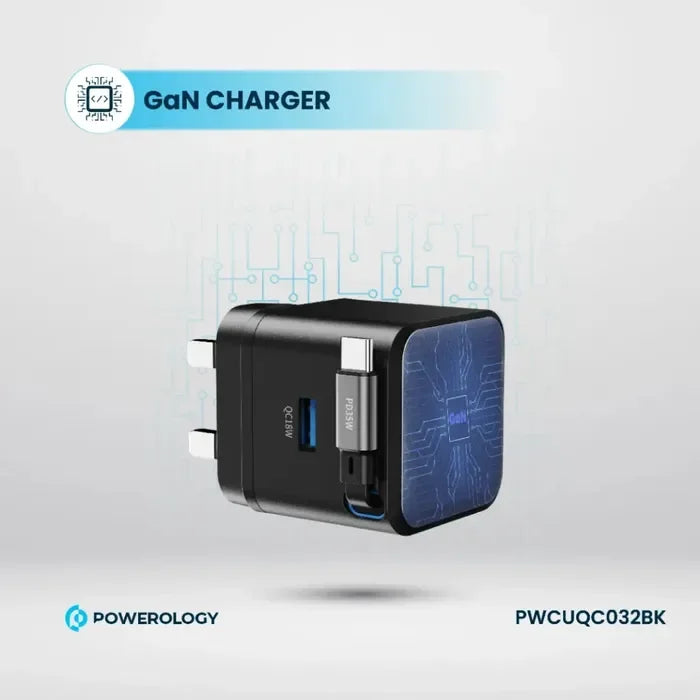 Powerology GAN PD35W Dual-Port Charger with Retractable Cable PWC032 - Black