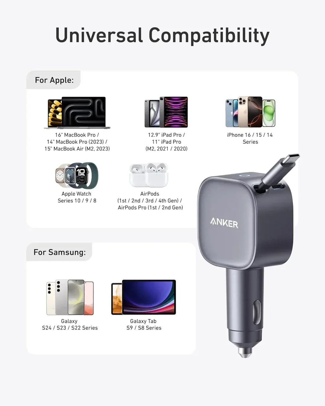 Anker Nano Car Charger (75W, USB-C Port, Built-in Retractable USB-C Cable) -Silver