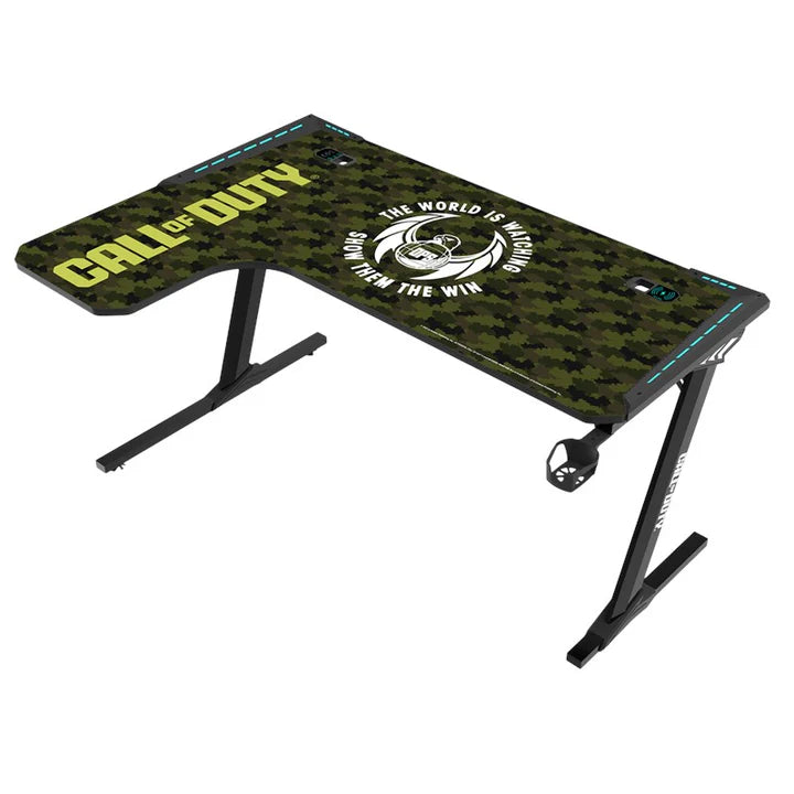 Call Of Duty (COD) x GAMEON Phantom XL-L Series L-Shaped RGB Flowing Light Gaming Desk (Size: 1400-600-720mm) With (800*300*3mm - Mouse pad), Headphone Hook, Cup Holder, Cable Management, Gamepad Holder, Qi Wireless Charger & USB Hub - Black/Green