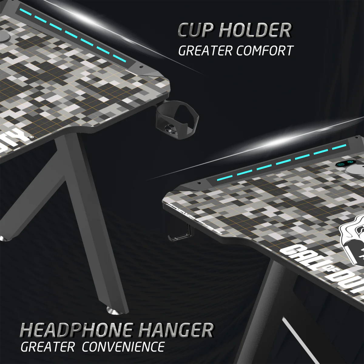 Call Of Duty (COD) x GAMEON Hawksbill Series RGB Flowing Light Gaming Desk (Size: 1200-600-720mm) With (800*300*3mm - Mouse pad), Headphone Hook & Cup Holder - Black/Grey