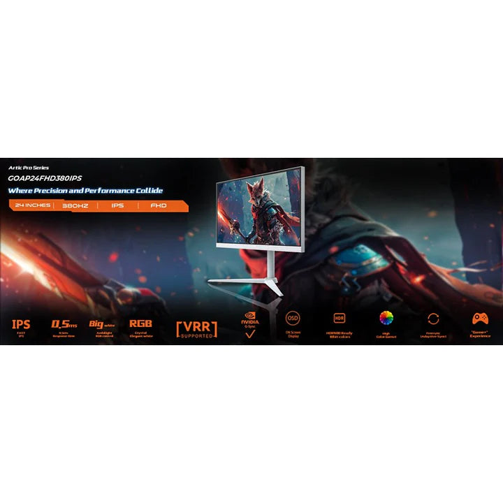 شاشة GAMEON GOAP24FHD380IPS Artic Pro Series مقاس 24 بوصة بدقة FHD، ومعدل تحديث 380 هرتز، ووقت استجابة 0.5 مللي ثانية، ومنفذ HDMI 2.1، وشاشة ألعاب IPS سريعة (تدعم PS5) - أبيض