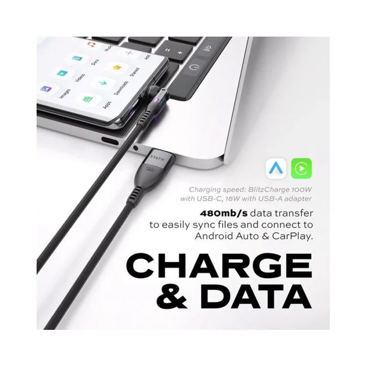 Statik | PUP-0455-6FT-CC-WHT | Statik PowerPivot Pro 100w Nylon Braided C-C Cable 1.8m