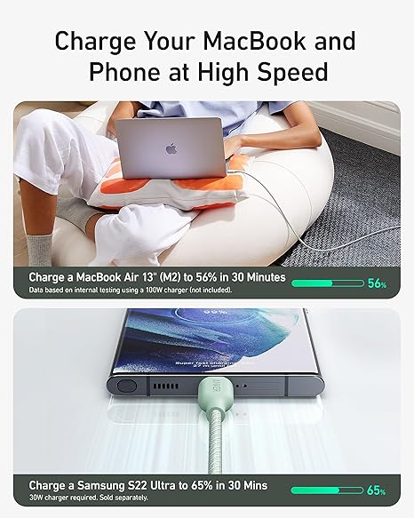 B80E6061 | Anker 543 USB-C to USB-C Cable | 240W | 6ft / 1.8 M | Bio - Nylon | 2-Pack | Green