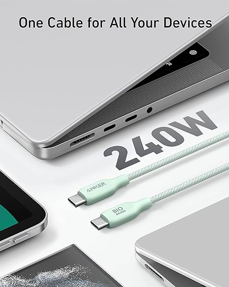 B80E6061 | Anker 543 USB-C to USB-C Cable | 240W | 6ft / 1.8 M | Bio - Nylon | 2-Pack | Green