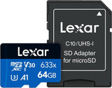 Lexar® High-Performance 633x microSDXC™ UHS-I, up to 100MB/s read 45MB/s write C10 A1 V30 U3 64GB  (LMS0633064G-BNNNG)