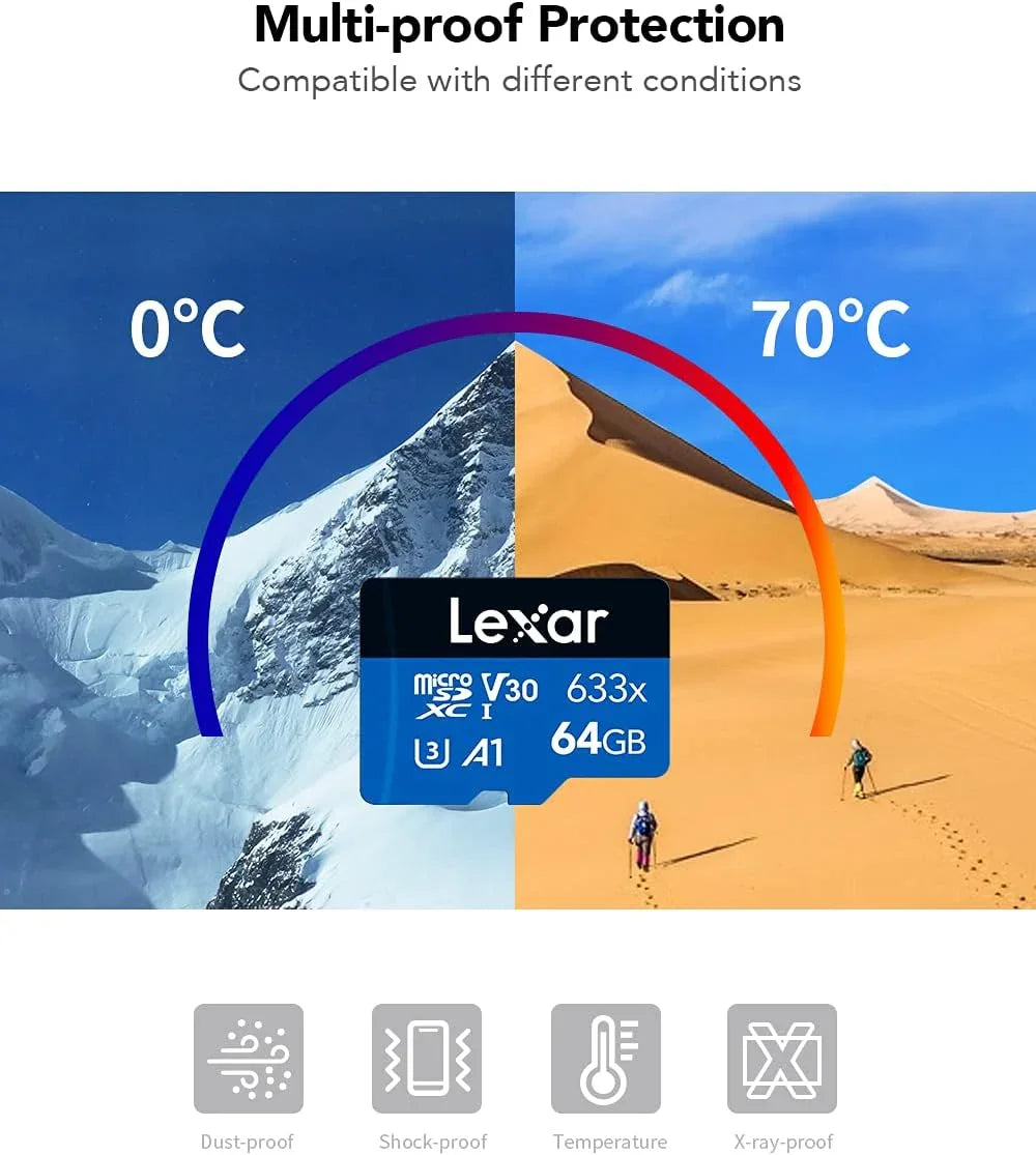 Lexar® High-Performance 633x microSDXC™ UHS-I, up to 100MB/s read 45MB/s write C10 A1 V30 U3 64GB  (LMS0633064G-BNNNG)