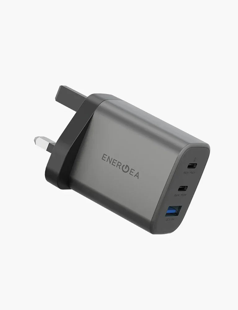 ENERGEA | Ampcharge 2-Port USB-C And 1-Port USB-A 65W GaN Wall Charger | Gun metal