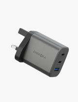 ENERGEA | Ampcharge 2-Port USB-C And 1-Port USB-A 65W GaN Wall Charger | Gun metal