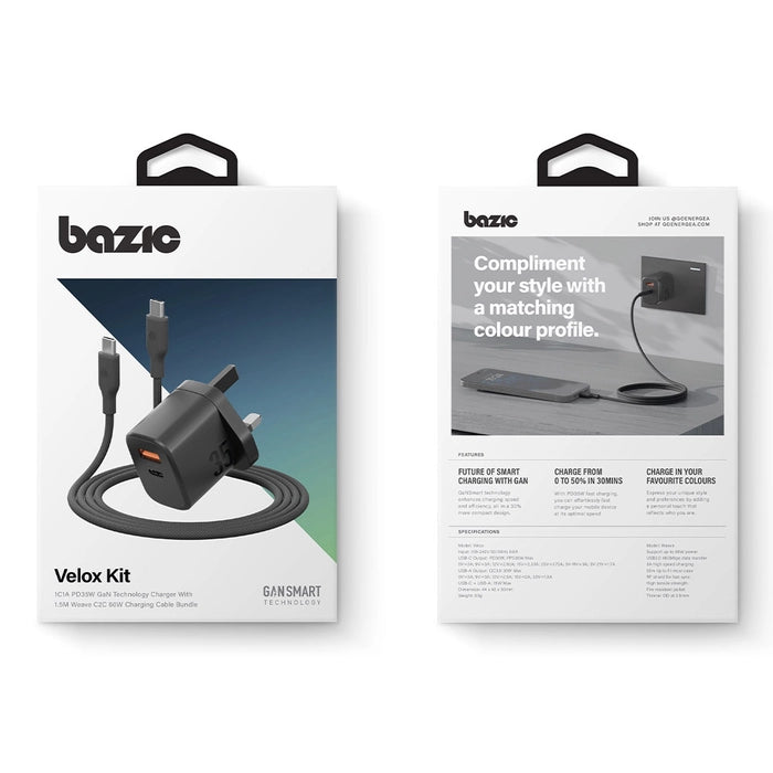 BAZIC GOPORT VELOX BUNDLE- 1C1A CHARGER 35W(UK) WITH WEAVE CABLE - TRUFFLE