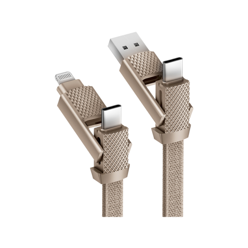 CBL-GC4N1-GLD100 | Bazic Gocharge Alucable | 4-In-1 Aluminium Charging Cable With USB A/C In & USB C/Lightning Out Pd Fast Charge| 1M | Gold