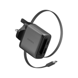 CHR-AC-ARC65UK | ENERGEA Ampcharge | Arc 65 PD/PDS/Qc3.0 Gan Wall Charger With Retractable Cable | 65W ( UK ) | Gunmetal - GulfStore.com