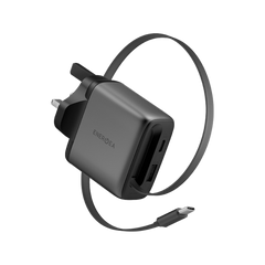 CHR-AC-ARC65UK | ENERGEA Ampcharge | Arc 65 PD/PDS/Qc3.0 Gan Wall Charger With Retractable Cable | 65W ( UK ) | Gunmetal - GulfStore.com