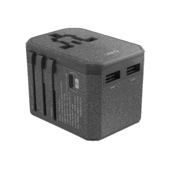 محول السفر UNIQ VOYAGE PDUniqWORLD مع 2 منفذ USB ومنفذ USB C شاراكول رمادي / أسود