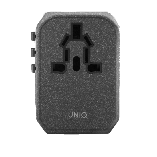 UNIQ VOYAGE PDUniqWORLD TRAVEL ADAPTER WITH 2 USB PORTS AND USB C PORT CHARACOL GRAY\BLACK