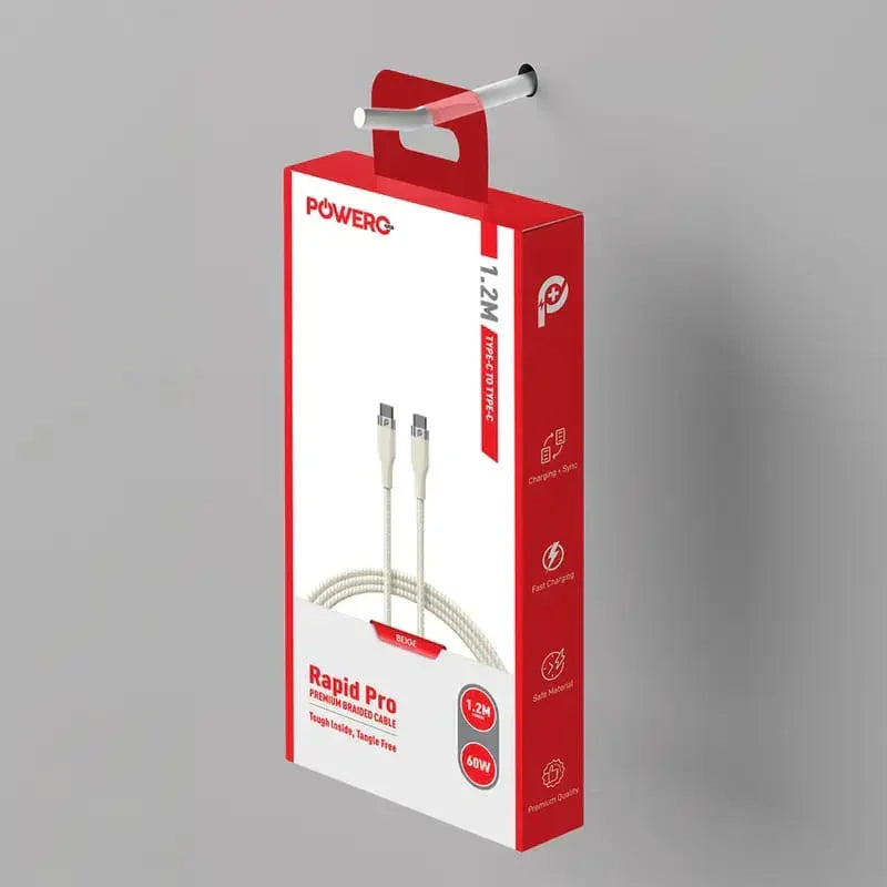 PR-RPBD12CC-BG، كابل PowerO+ Rapid Pro Premium المضفر من USB-C إلى USB-C بقوة 60 واط، بطول 1.2 متر، بيج