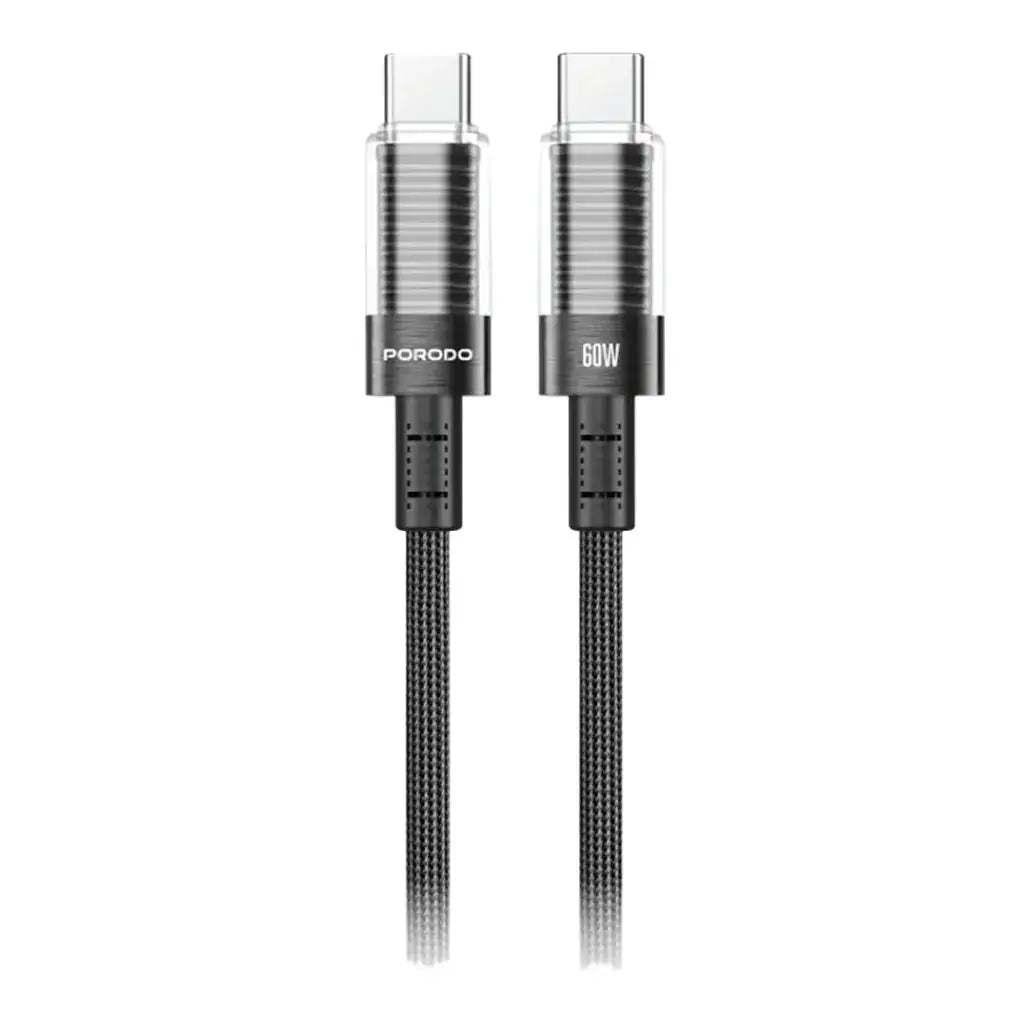 PD-CBL0026-BK-C | Porodo Transparent Shell USB-C To USB-C Cable | Black - GulfStore.com
