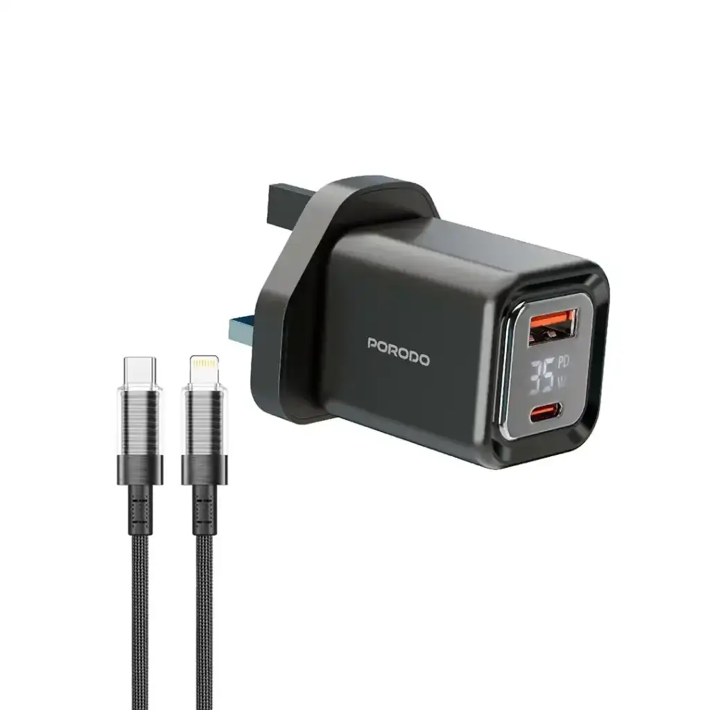 Porodo Dual-Port | Digital Display Quick Charger with Cable Type C To Lightning cable - GulfStore.com
