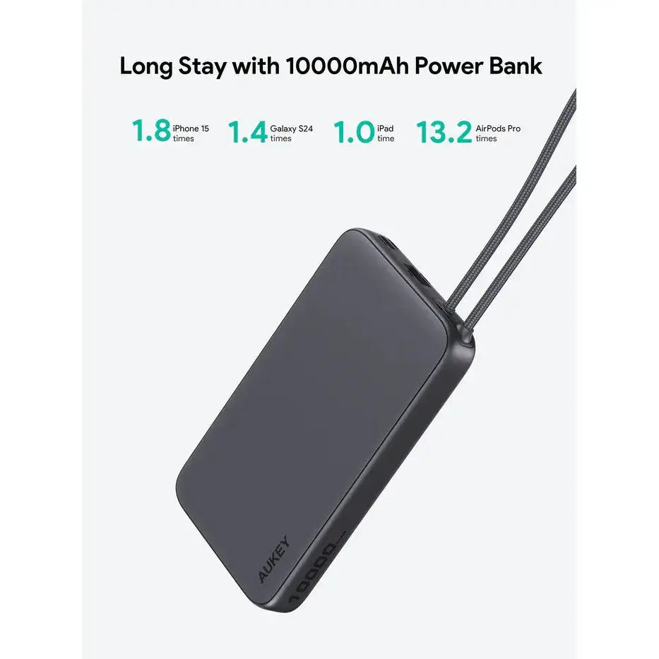AUKEY PB-Y53 Spark Sling Lite Slim Power Bank with Buit-in USB-C Cable - 15W / 10,000mAh / USB-C / Grey - GulfStore.com