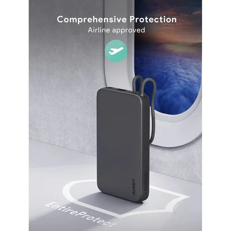 AUKEY PB-Y53 Spark Sling Lite Slim Power Bank with Buit-in USB-C Cable - 15W / 10,000mAh / USB-C / Grey - GulfStore.com