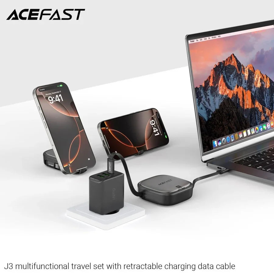AceFast | 18491 | J3 | Multifunctional Travel Set With Retractable Charging Data Cable | Black