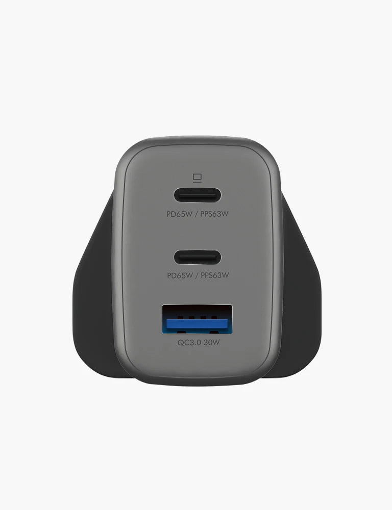ENERGEA | Ampcharge 2-Port USB-C And 1-Port USB-A 65W GaN Wall Charger | Gun metal