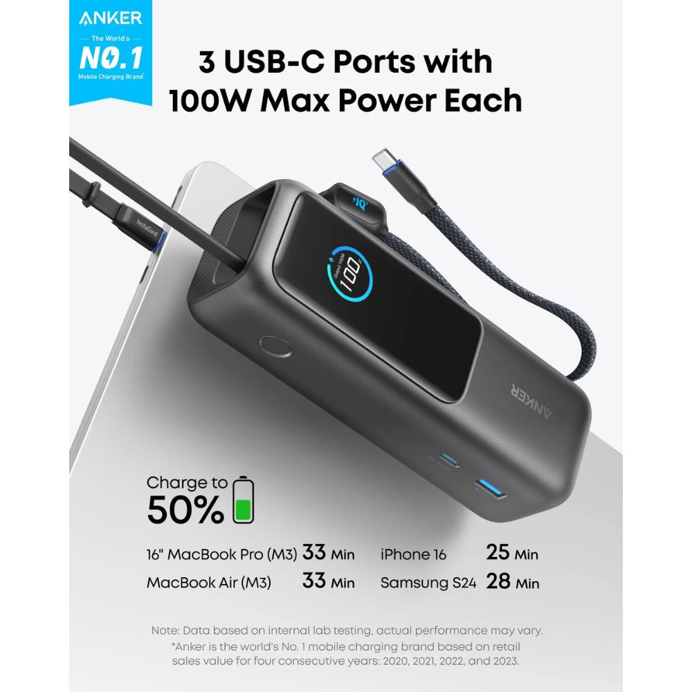 Anker Power Bank (25K, 165W, Built-In and Retractable Cables) -Black