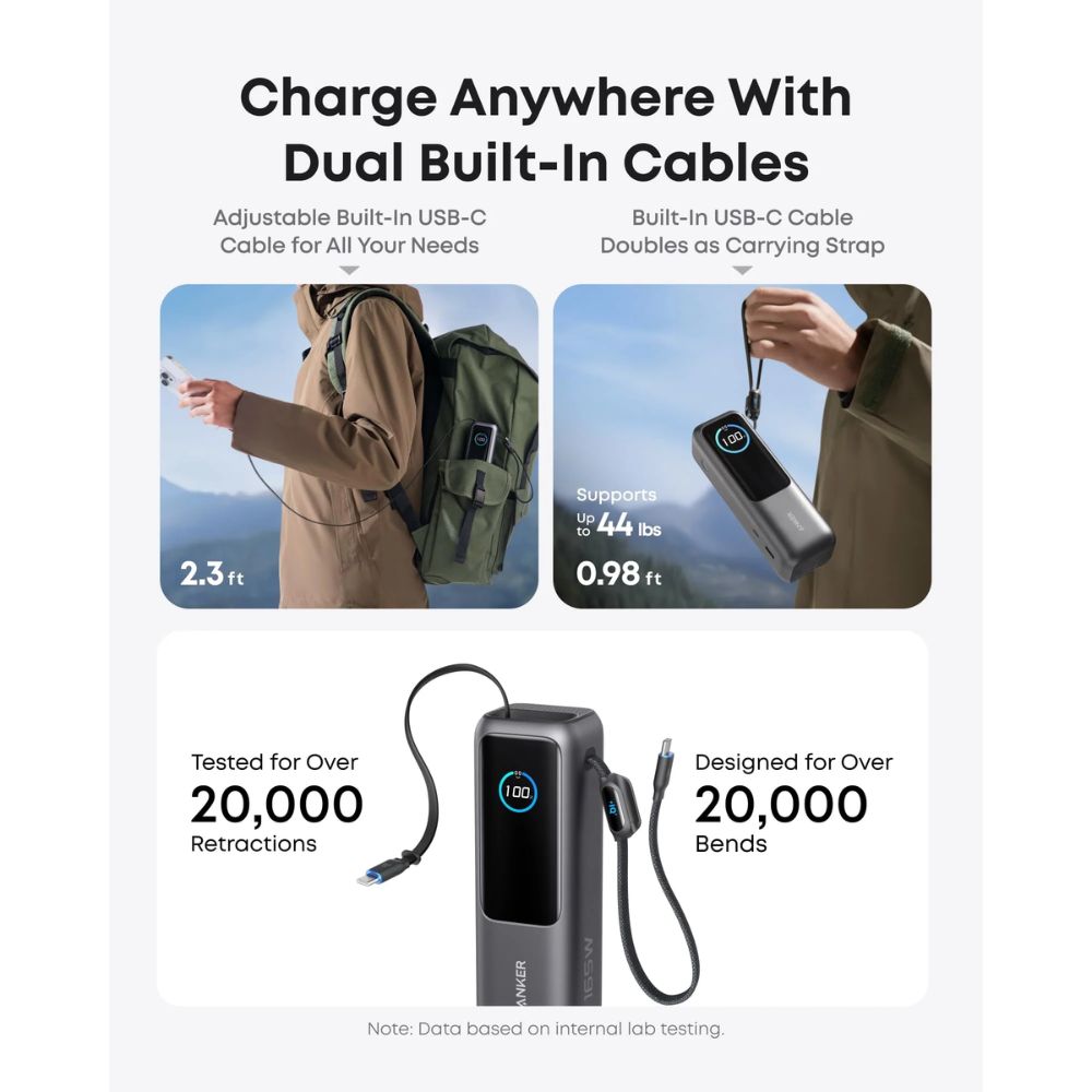 Anker Power Bank (25K, 165W, Built-In and Retractable Cables) -Black