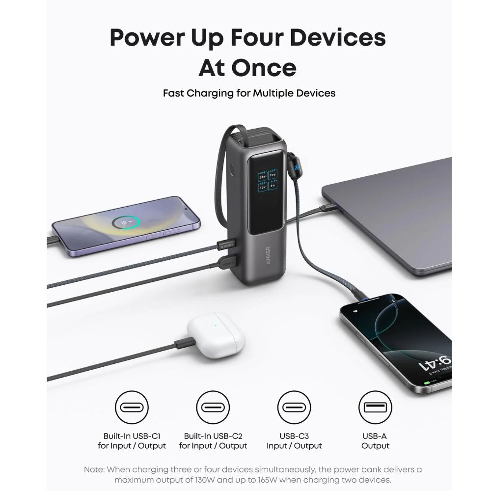 Anker Power Bank (25K, 165W, Built-In and Retractable Cables) -Black