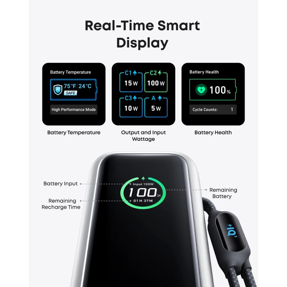 Anker Power Bank (25K, 165W, Built-In and Retractable Cables) -Black