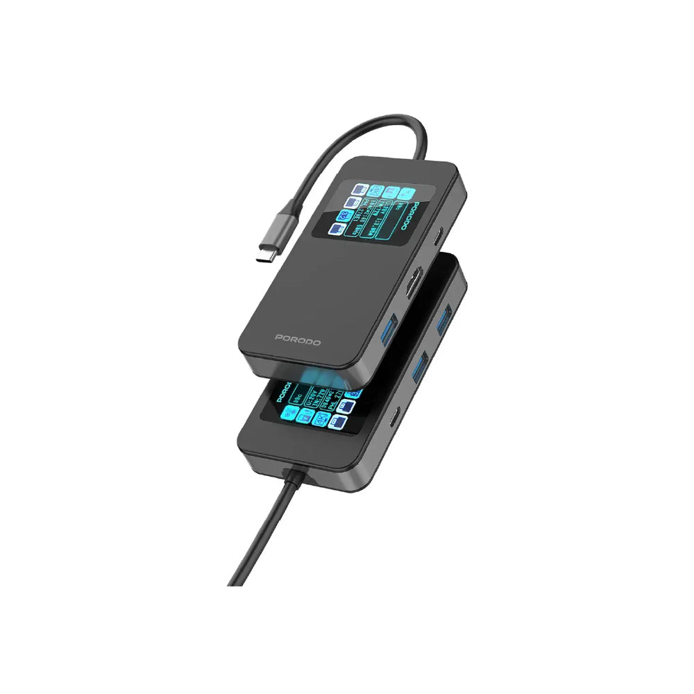موزع USB-C متعدد المنافذ 6 في 1 من بورودو مع شاشة عرض رقمية ذكية - رمادي