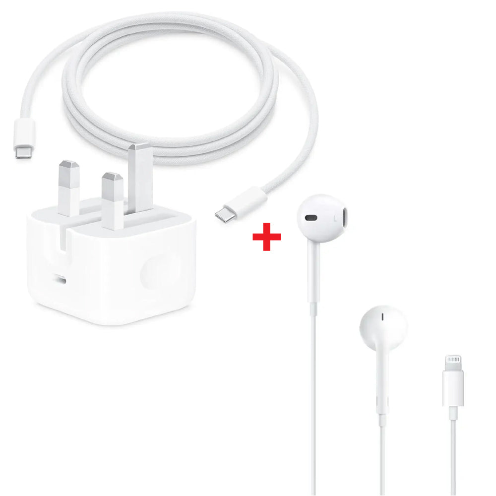 Apple 20W USB-C Power Adapter + Apple 1 Meter USB-C Charge Cable - White + Apple EarPods with Lightning connector