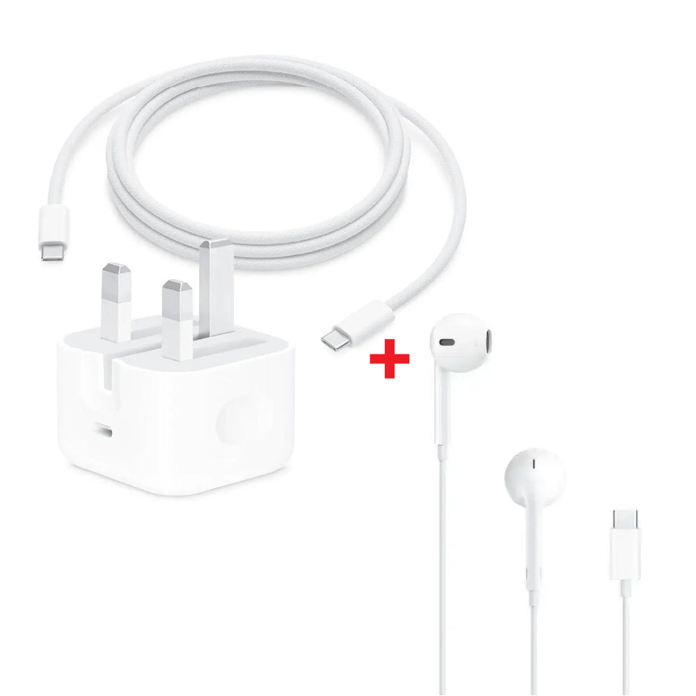 Apple 20W USB-C Power Adapter + Apple 1 Meter USB-C Charge Cable - White + Apple EarPods USB-C