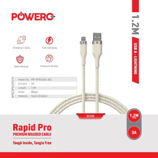 PR-RPBD12AL-WH | كابل PowerO+ Rapid Pro Premium المضفر من USB-A إلى Lightning | 1.2 متر | أبيض