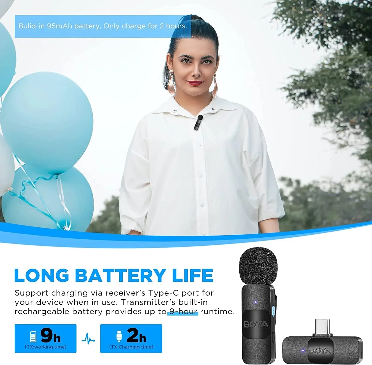 أصغر ميكروفون لاسلكي 2.4 جيجاهرتز من BOYA لأجهزة Type-C (1TX+1RX) - أسود BY-V10