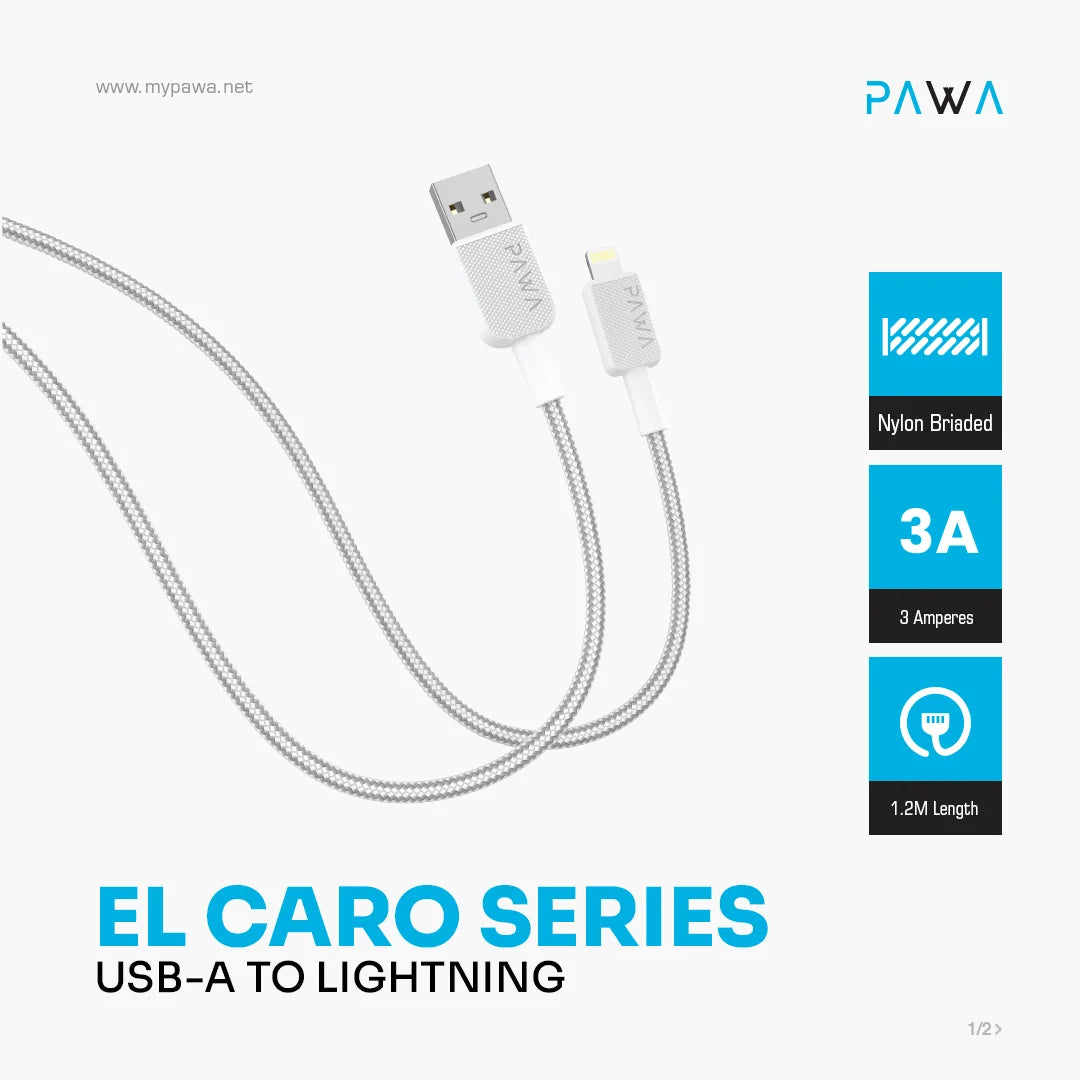 كابل Pawa El Caro Series USB-A إلى Lightning Premium Braided باللون الأبيض (PW-120BD3AL-WH)