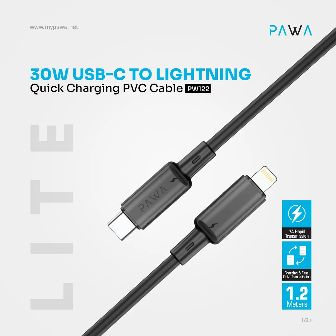 PW-BDC312CL-BK | PAWA Lite 30W Type C to Lightning Quick Charging PVC Cable 1.2M PW122 | Black