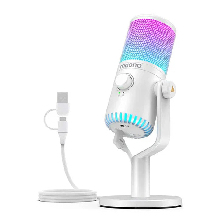 ميكروفون ألعاب Maonocaster DM30 RGB للكمبيوتر الشخصي، ميكروفون مكثف قابل للبرمجة عبر USB مع أضواء RGB - أبيض