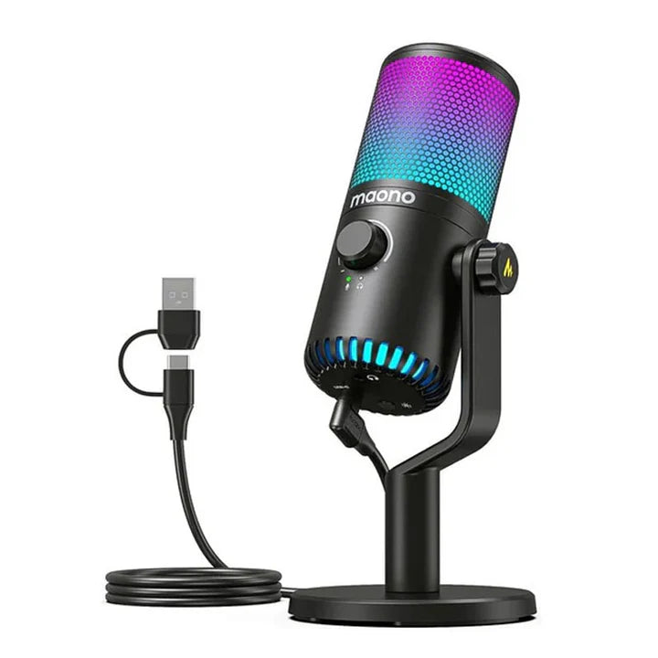 ميكروفون ألعاب Maonocaster DM30 RGB للكمبيوتر الشخصي، ميكروفون مكثف قابل للبرمجة عبر USB مع أضواء RGB - أسود