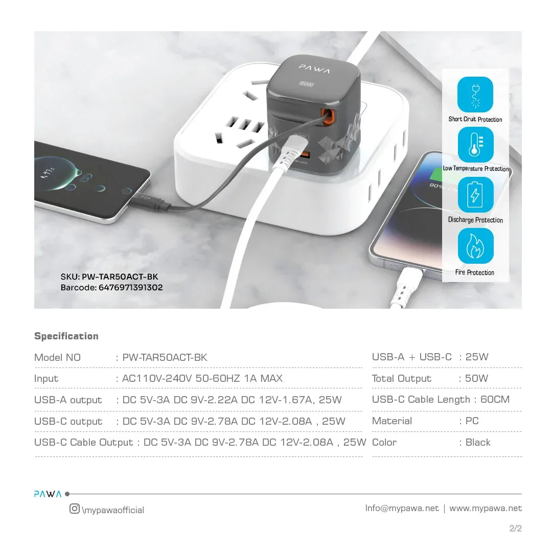 PAWA RETRO 50W UK CHARGER WITH TYPE-C RETRACTABLE CABLE BLACK PW-TAR50ACT-BK